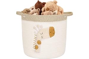 Huiguli Grand Panier Rangement pour Jouets, Coton Panier Corbeille A Linge avec Poignées pour Couverture, Panier Corde de Coton Fabriqué, Girafes Beige 30x30cm