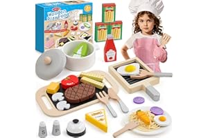 Atoylink Bistecca Cucina per Bambini Accessori da Cucina Gioco in Legno, Cibo con Pasta Fritte, Stoviglie Giocattolo in Legno per Bambini Cucina Gioco di Ruolo Regalo Ragazze Ragazzi 3 4 5 6 Anni