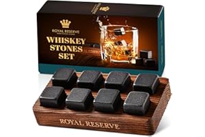 ROYAL RESERVE Prezenty do whisky dla mężczyzn – zestaw kamieni do whisky wielokrotnego użytku na brązowej drewnianej tacy – kostki lodu burbonowego, kamienie chłodzące, prezenty emerytalne dla mężczyzn, męża,