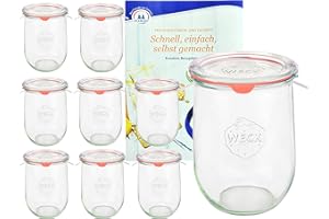 MamboCat - Set 9 vasetti in vetro da 1062 ml, a forma di tulipano con coperchio, anello per conserve, clip I Original Weck in vetro a tulipano I vasetti per frutta e verdura UVM I incluso di ricette