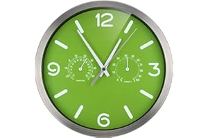 Bresser MyTime ND zegar sterowany radiowo, z bezgłośnym radiowym mechanizmem zegarowym, ramą ze stali nierdzewnej i wskaźnikiem temperatury i wilgotności powietrza, zielony, 250 x 250 mm