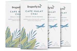 Dragonfly Cape Malay Chai | Pack of 4 x 20 Organic Tea Bags (80 Teabags) | Naturally Sweet Herbal TeaBags | Chai TeaBags | Caffeine-Free Tea| Compostable tea bags | Spiced Rooibos
