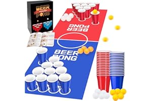 Chennyfun Beer Pong Table Mat Set, Fun Adult Drinking Game, 1 Beer Pong Table Mat（180x60cm）+ 50 Party Plastic Cups +10 Beer Pong Balls + 1 Rule Booklet, Table Games for Party Festivals Tournaments BBQ