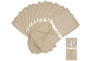 Eozighi 12 Piezas Bolsa Para Cubiertos de Yute Con Encaje Y Lazo Tenedor Tenedor de Bolsa de Cubiertos de Yute Para Boda Decoración de Mesa Fiestas Navidad Cumpleaños