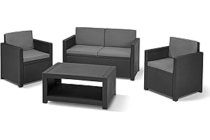 Keter Allibert by Monaco Salon de Jardin 4 pièces, Graphite/Gris, avec Coussins d'assise et de Dossier, en Plastique, Aspect rotin Plat