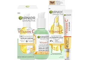 ‎GARNIER Garnier Vitamin C Glow Booster Set mit Anti-Müdigkeits Augenpflege und Serum Crème, Für eine strahlende und ebenmäßige Haut und zur Milderung von Müdigkeitsanzeichen, SkinActive, 2-teilig