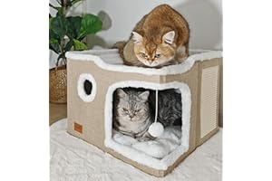 Spindro Grand lit pour Chat d'intérieur, Niche Pliable pour Chat, Maison Cube avec Tapis à griffer, Lit Moderne pour Chien avec Coussin Doux Lavable, 43x43x33cm,Kaki