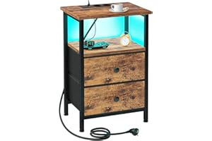 ‎AMHANCIBLE AMHANCIBLE Nachttisch mit LED-Leuchten, Beistelltisch mit Ladestation, 3-stufiger Sofatisch mit 2 Stoffschubladen, Nachtschrank aus Holz mit offenem Regal für Schlafzimmer, Wohnzimmer EHETS02BR-1