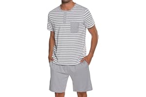 Leversic Verano Conjunto de Pijama Hombre Ropa de Dormir de Algodón Camisetas de Pijama a Rayas de Manga Corta y Pantalones Cortos para Dormir con Bolsillos