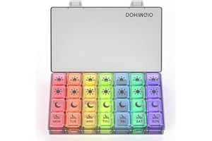 DOHIMGIO 7 Day Pill Box Organiser 4 Times a Day, Weekly Pill Box Case with 28 Compartments for Morning Noon Evening Bed (Black+Rainbow)