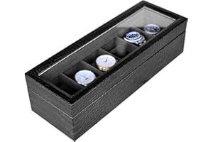 CASE ELEGANCE - Caja de reloj de imitación de piel, textura de cocodrilo, caja de reloj para hombre y mujer, caja de almacenamiento para relojes, organizador con tapa de cristal, 6 compartimentos