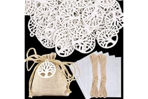 FLOFIA 100 Stück Lebensbaum Deko Anhänger Lebensbaum Klein Weiß Holzanhänger für Taufe Deko Erstkommunion Abschluss Hochzeit Weihnachten DIY Geschenke Rund
