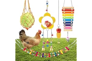 SUQ 5PCS Juguetes De Pollo para Accesorios De Gallinero, Arcoíris Columpios, Xilófono De Pollo, Espejo De Pollo con Campanas, Comedero Colgante De Frutas y Verduras, Juguetes De Pollo para Gallinas