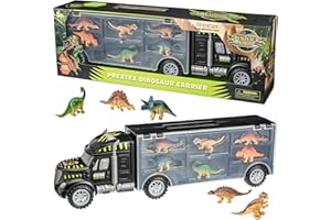 PREXTEX Tractor Remolque de 40 cm Juguetes de Dinosaurios Camión Transportador con 6 Mini Dinosaurios de Plástico o para Rellenar Calcetines para Niños Niñas y los Niños de Corazón!