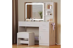 YITAHOME Tavolo da toeletta con illuminazione a LED, 3 colori con luminosità regolabile, tavolo da toeletta con cassetti, tavolo da toeletta con sgabello, grande spazio, bianco