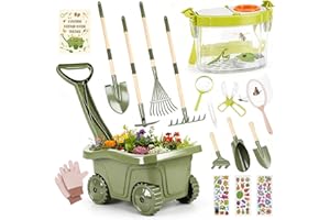 Dreamon Carriola per Bambini 17PCS – Set Giardinaggio Bambini con Attrezzi Lunghi e Corti, Guanti, Kit Esplorazione con Scatola Insetti, Retino, Lente d’Ingrandimento – Gioco Educativo Esterno 3+ Ann