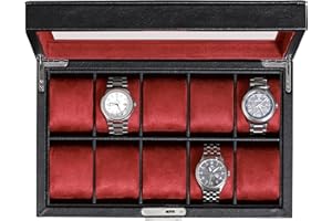 ROTHWELL 10 Slot Leather Watch Box - Luxury Watch Case Display Organizer, Ultra Soft Microsuede Liner, Locking Jewelry Watches Holder With Large Glass Top (Black/Red)