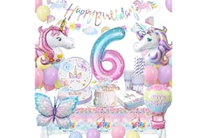 LAISLLA Einhorn Deko Kindergeburtstag, Einhorn Partygeschirr Geburtstagsdeko 6 Jahre Mädchen, Geburtstag Party Geschirr, Pappteller Kindergeburtstag mit Luftballons für 6. Geburtstag Mädchen Deko