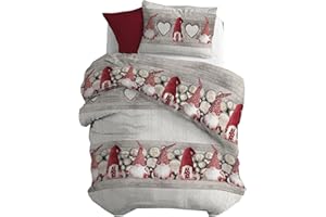 PENSIERI DELICATI Parure Copripiumino Singolo Flanella 100% Cotone, Sacco 155X200 CM e Federa 52X82 CM, Made in Italy, Copripiumino Lavabile In Lavatrice A 40°, Fantasia Gnomo Rosso