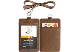 Teskyer Uchwyt na identyfikator, uchwyt na szyję, 2 miejsca na karty, skóra PU, z jasnym nylonową smycz okienną, brązowy