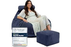 ‎DREAMROOTS DreamRoots Sitzsack Erwachsene Cord oder Kinder - Bean Bag Sofa - Sitzsack Cord mit Hocker und Bezug - Sitzsäcke mit Füllung 90x90x100 cm Blueberry Pie