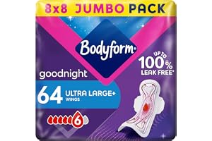 Bodyform Ultra Goodnight Sanitary Towels with Wings, 64 (8 x 8 Packs) Period Pads for Night use, SecureFit Leakage Protection