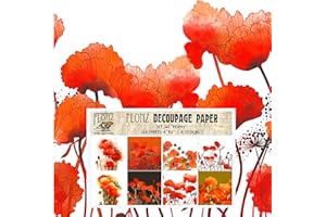 Decoupage Paper Pack (24 Sheets 6"x6") Poppy Flowers FLONZ Vintage Styled Seamless Pattern Paper for Decoupage, Craft and Scrapbooking Red Wildflowers