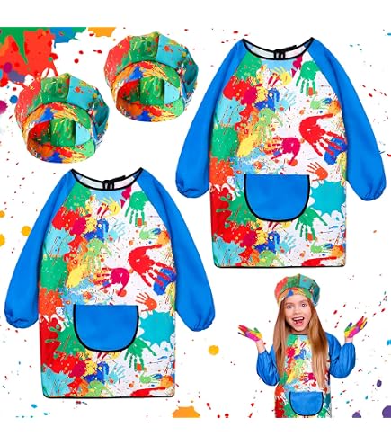 Bassion 2 Pack Kids Art Smock, Toddlers Painting Aprons Colorful Waterproof Children Artist Smock with Long Sleeve 3 Roomy Pockets for Age 2-8 Years Gifts(Red Purple) in Dubai - UAE | Aprons & Smocks