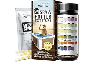 Health Metric Bandelettes Test Eau Spa & Piscine - 100 pcs - 5 en 1 Testeur à Bandelette pour Analyse Chlore Alcalinité pH et dureté - Calibré pour l'Eau Chaude