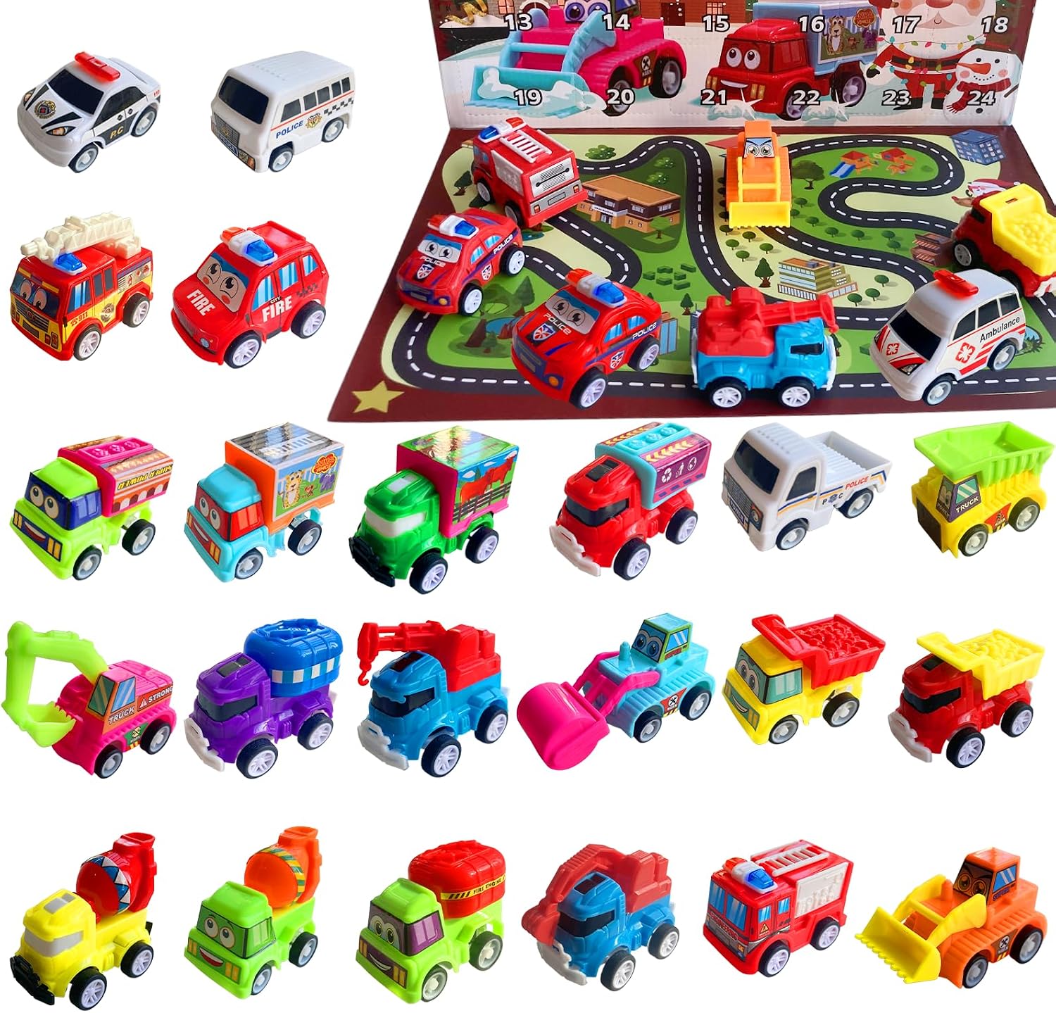 Coches para Niños, 24 pcs juego de regalo para coche, Coche de Carreras, Camiones de Juguete para Niños con Tapete de Juego, Juguetes 3 4 5 6 7 8 Años, Navidad Cumpleaños Fiesta Regalos