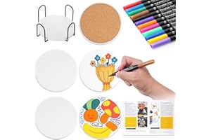 ahakito Keramik Untersetzer Bemalen Set – 6 Weiße DIY Tassenuntersetzer mit Metallhalter & 12 Lackstift – Kreativ Set für Erwachsene, Kreativ Geschenk für Ihn Sie