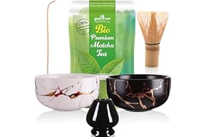 ‎GOOD WEI good wei Matcha zestaw do herbaty z miotłą, miską do herbaty i japońską herbatą w proszku Bio Matcha - wzór marmurowy (czarny i biały duo)