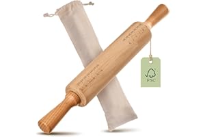 Praknu Rodillo de Amasar - En Madera de Haya FSC® - Rodillo de Repostería Con Medidas Marcadas - Mango Ergonómico - Antiadherente