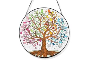Tuitessine Big Size Tree of Life Stained Glass Suncatcher Four Season Theme Colorful Leaves Wall Window Hanging Ornament Hand-Painted Glass Panel Gift for Women Christmas Thanksgiving Gift 7.9 × 7.9”