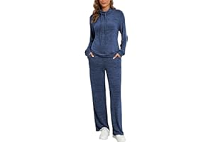 Famulily Cowl Neck Womens Tracksuit Sets Drawstring Long Sleeve Pullover Top and Elastic Waist Wide Leg Pants with Pockets