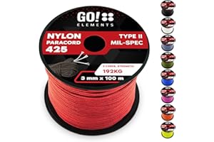 GO!elements 100m Cuerda Paracord de Nylon Resistente al desgarro - 3mm Paracord 425 Tipo II líneas como Cuerda para Exteriores, Cuerda para Todo Uso - línea de Nylon MAX. 192kg, Color: Rojo