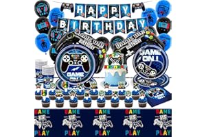 LUCLAY Video Game Party Deco Supplies Boys- Gamer Birthday Decorations Game Themed Tableware Set Gaming Balloons Paper Plates Cups Napkins Tablecloth Part Favors for Kids Gamers Lovers Party