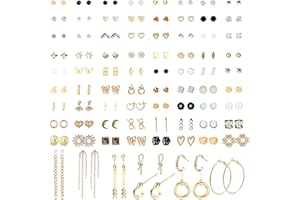 Adramata 90 Pares Pendientes para Mujer Varios Pendientes de Tuerca Set Lindos Estrella Luna Corazón Flor Pendientes Colgantes Pack Geométricos Pendientes Aro Oro Plata Pendientes para Mujer