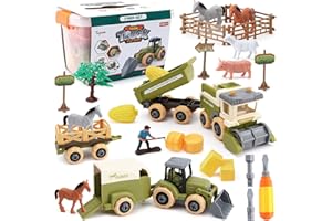TOYSSA Ferme Jouet Tracteur Enfant Camion Transporteur Voiture Détachable Cheval Figurine Animaux de la Ferme Assembler Clôture Tournevis Véhicules Cadeau Fille Garçon Jouets Enfants 3 4 5 6 7 8+ an