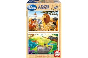 Educa - Drewniane puzzle z 50 elementami | Disney Animal Friends, 2 x 50 elementów, drewniane puzzle, puzzle dla dzieci od 4 lat, Król Lew, księga dżungli (13144)