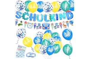 CANCJ Einschulung Deko,Schulkind Deko Einschulungsdeko Junge Mädchen,Schuleinführung Deko Schulanfang Deko,Schulkind Girlande,Luftballon mit ABC,123 Motiv für Jungen Mädchen,Aufkleber Einschulung,Blau