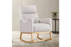 Aunekiv Nursing Rocking Chair, High Back Linen Nursery Rocking Chair for Adults, Nursery Armchair with Side Pockets and Wood Base for Living Room Bedroom, Ivory