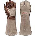 AOUCHI Cowhide BBQ Welding Gloves, Long Sleeve Fireproof and Heat Resistant Mitts for Barbecue, TIG MIG, Firefighting, Fireplace, Oven, Baking, Stove, Pot Holder (Small)
