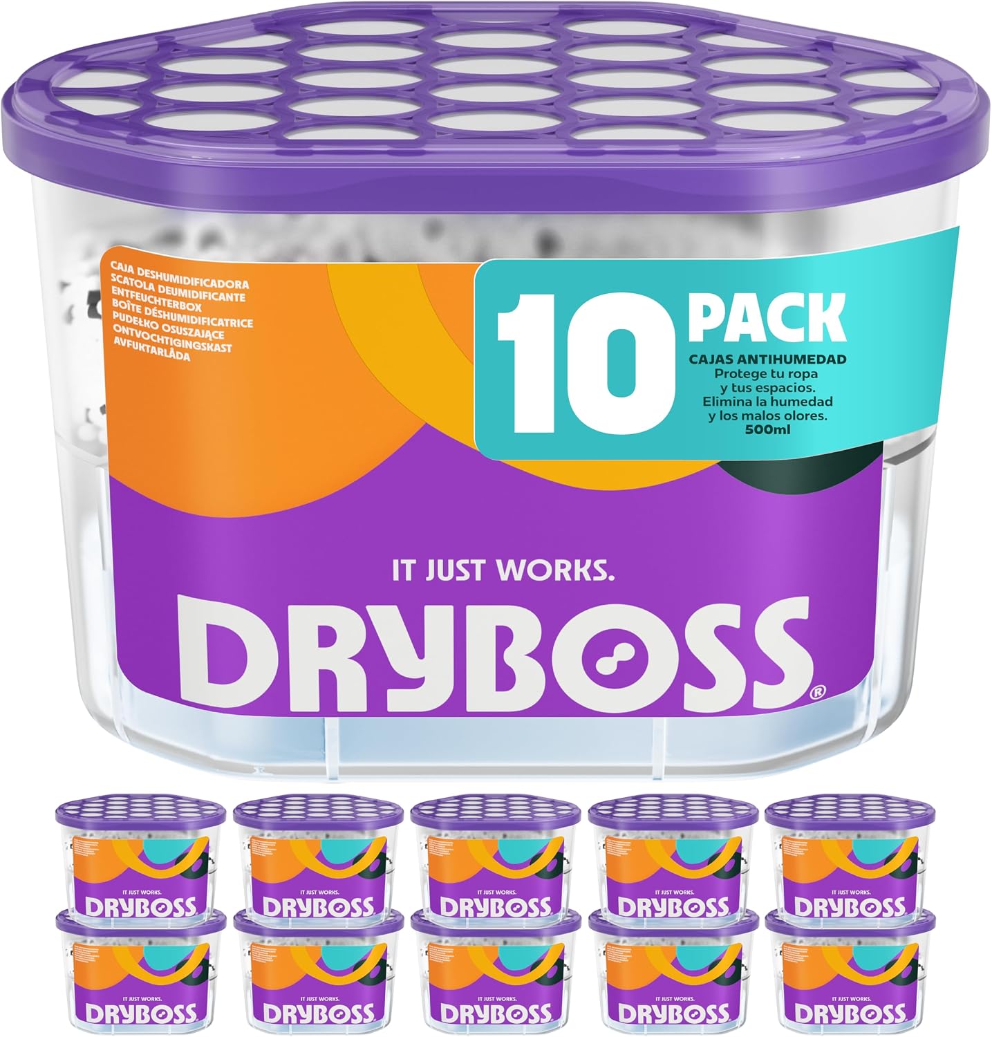 DRYBOSS Pack x 10 Deshumidificador Absorbente Anti Humedades de Armarios, Interior Casa, Cajones, Habitacion, Pared, Coche. Quita Olores y Absorbe Humedades. Previene Condensación. Antihumedad