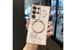 ZTOFERA Magnetyczne etui do Samsung S24 Ultra 5G, pozłacane etui z wzorem motyla, etui ze złotymi krawędziami [kompatybilne z MagSafe], elastyczne, odporne na uderzenia etui ochronne do Samsung Galaxy