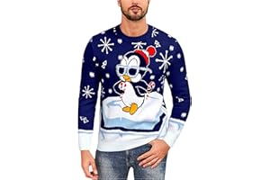 Demegimi Jersey Hombre Navidad Divertido Suéter para Invierno Jersey Navideño Feo de Pingüinos Redondo Pullover de Punto