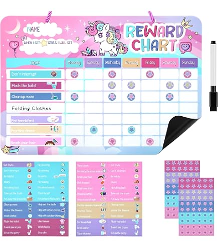 JEKA Lot de 10 Tableaux de récompenses pour Enfants - Motif : Monde Fantastique - avec Leurs Autocollants étoiles pour motiver Les Enfants aux tâches ménagères, aux devoirs, au brossage des Dents