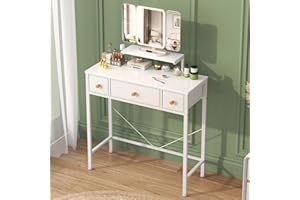 OYRREU Toeletta Trucco con Specchio e Luci, Piccolo Scrivania Postazione Trucco con 3 Cassetti in Tessuto, Tavolo Trucco Make up Vanity, Consolle Trucco, Salvaspazio, Regolazione dell'altezza, 30 x 70cm