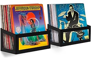 Hudson Hi-Fi Wall Mount Vinyl Record Storage 25-Album Display Holder - Black Satin - Two Pack