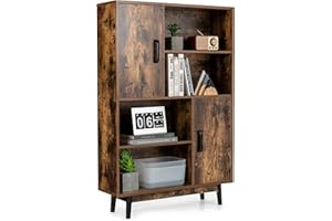 COSTWAY Regał na książki z 2 drzwiami i 4 otwartymi półkami, drewniany, stojący, do salonu, gabinetu, 80 x 24 x 120 cm (kawowy)